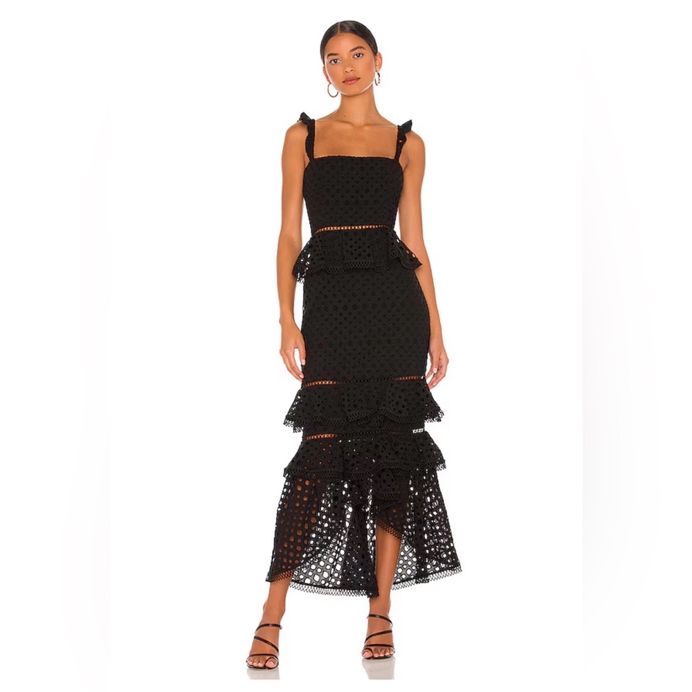 NBD Haze Midi Dress - Elegant Black Lace Tiered Dress